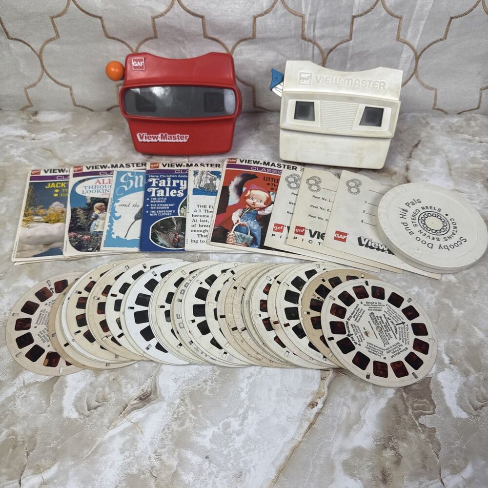 2 Vintage GAF View Master Viewer w/24 Sets Of Reels Disney Roadrunner Godzilla